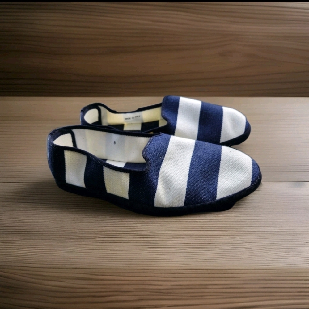 Brooks Brothers Striped Navy White Canvas Slip-On Shoes Flats Sz 8 Italy